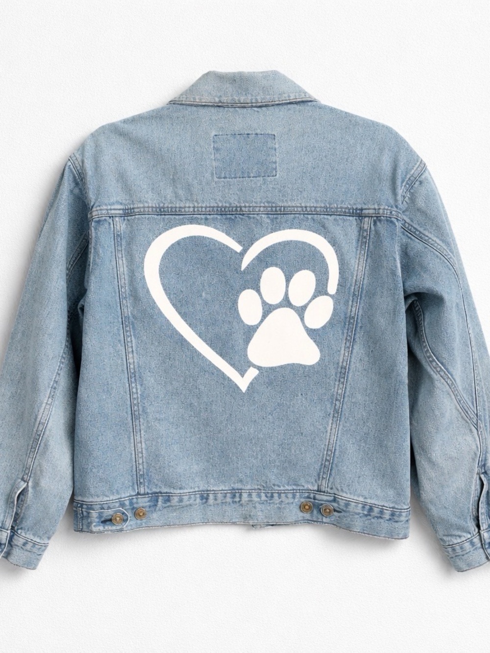 Upcycled Denim Jacket with Heart and Dog Paw Print on Back